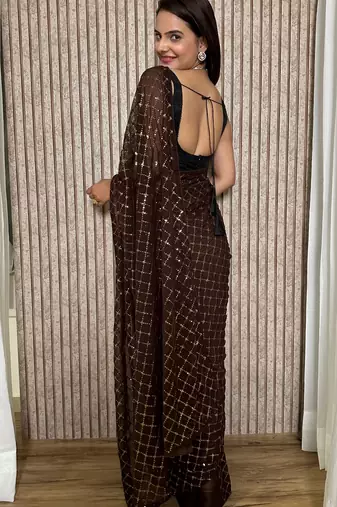 Chocolate Black colored Sequins Embroidered Georgette Fabric Party wear Saree