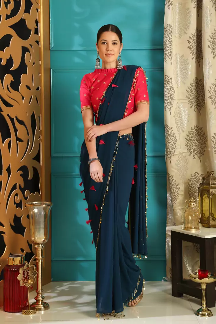Dark Navy Blue Embroidered Pure Georgette Saree With Blouse