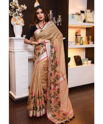 Brown Shade Handwoven Linen Saree with Jacquard Weaving 1
