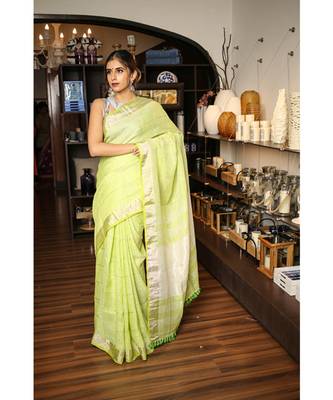 Light Spring Green Handwoven Linen Saree with Silver Border 2