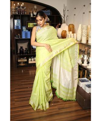 Light Spring Green Handwoven Linen Saree with Silver Border 3
