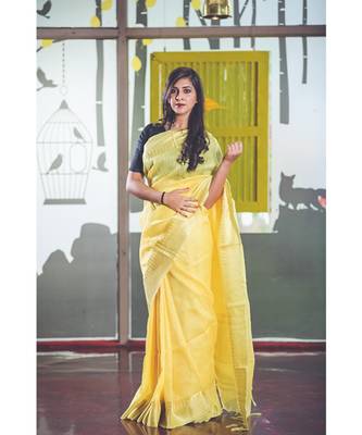 Yellow Handwoven Silk Linen Saree 1