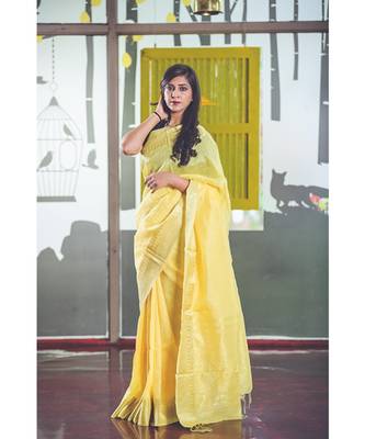 Yellow Handwoven Silk Linen Saree 2