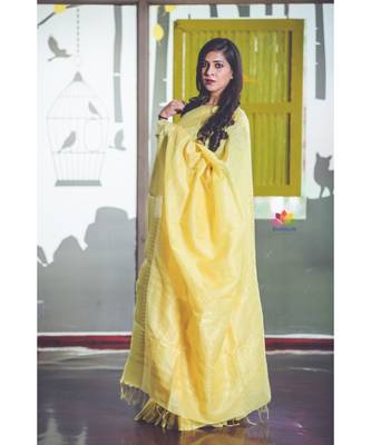 Yellow Handwoven Silk Linen Saree 3