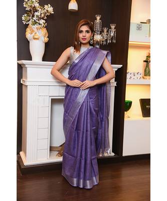 Lavender Shade Handwoven Linen Saree with Zari Border 1