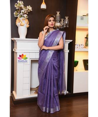 Lavender Shade Handwoven Linen Saree with Zari Border 3