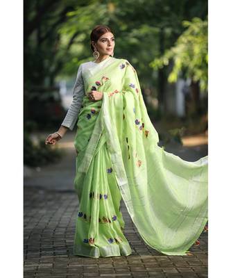 Green Shade Embroidered Handwoven Linen Saree with Zari Border 1
