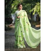 Green Shade Embroidered Handwoven Linen Saree with Zari Border