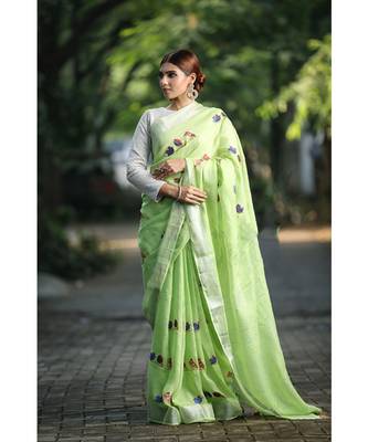 Green Shade Embroidered Handwoven Linen Saree with Zari Border 2