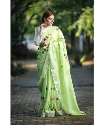 Green Shade Embroidered Handwoven Linen Saree with Zari Border 3
