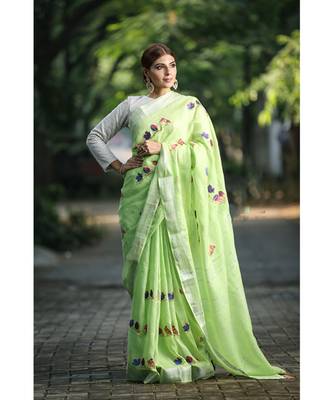 Green Shade Embroidered Handwoven Linen Saree with Zari Border 4