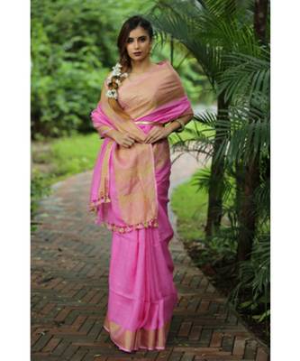 Pink Handwoven Organic Linen Saree with Golden Zari Border 1