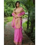 Pink Handwoven Organic Linen Saree with Golden Zari Border