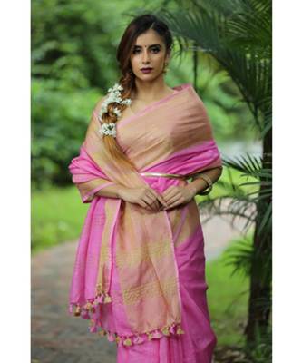 Pink Handwoven Organic Linen Saree with Golden Zari Border 2