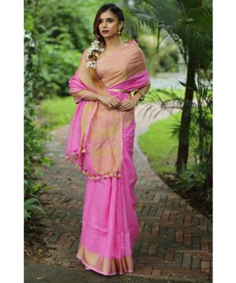 Pink Handwoven Organic Linen Saree with Golden Zari Border 3