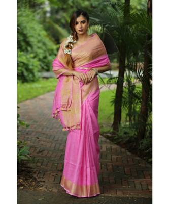 Pink Handwoven Organic Linen Saree with Golden Zari Border 4