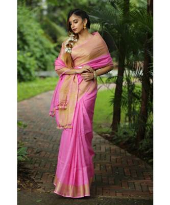 Pink Handwoven Organic Linen Saree with Golden Zari Border 5
