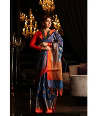 Blue Shade Maheshwari Cotton Banarasi Handwoven Saree 1
