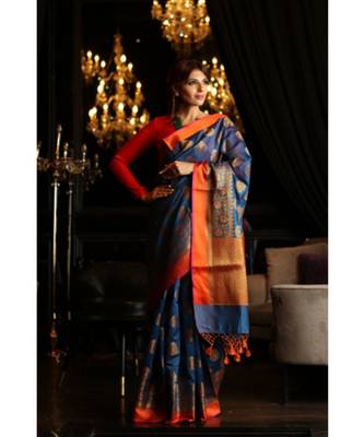 Blue Shade Maheshwari Cotton Banarasi Handwoven Saree 2