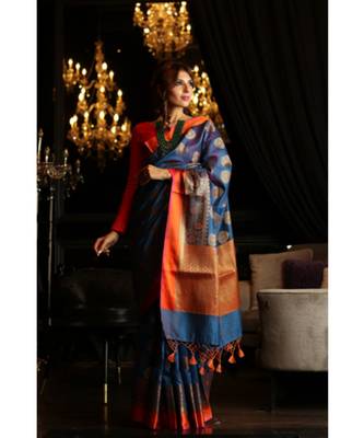 Blue Shade Maheshwari Cotton Banarasi Handwoven Saree 3