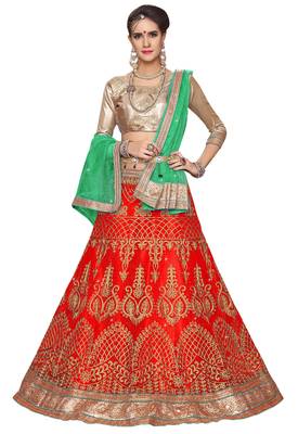 Red Embroidered Net Semi Stitched Lehenga With Dupatta 1