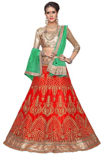 Red Embroidered Net Semi Stitched Lehenga With Dupatta