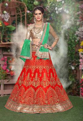 Red Embroidered Net Semi Stitched Lehenga With Dupatta 2