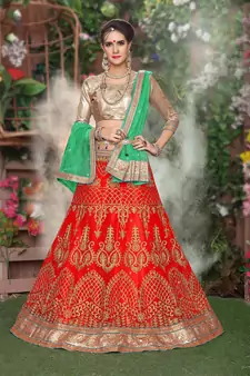 Red Embroidered Net Semi Stitched Lehenga With Dupatta
