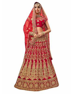 Red Embroidered Velvet Semi Stitched Lehenga With Dupatta 1
