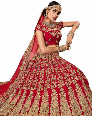 Red Embroidered Velvet Semi Stitched Lehenga With Dupatta 2