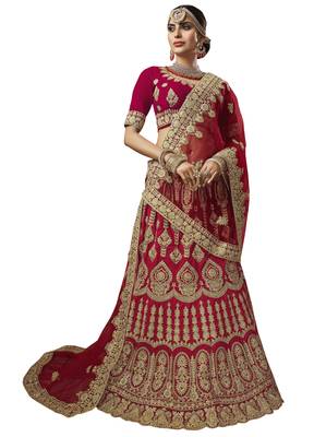 Red Embroidered Velvet Semi Stitched Lehenga With Dupatta 1