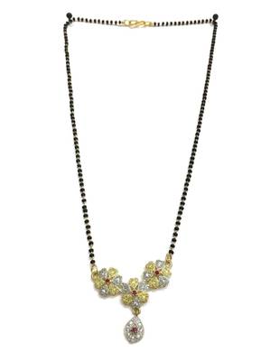 Mangalsutra With Black Beads 8" Length And Gold & Silver Plated American Diamond Floral Pendant Traditional 1