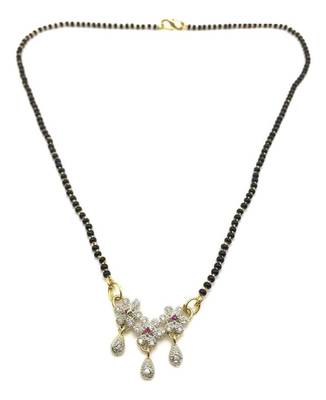 Mangalsutra With Black Beads 8" Length And Gold & Silver Plated American Diamond Floral Pendant Traditional 1
