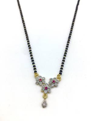 Mangalsutra With Black Beads 8" Length And Gold & Silver Plated American Diamond Floral Pendant Traditional 2