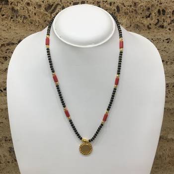 Mangalsutra With Black & Munga Beads 8" Length And Golden Plated Laxmi Coin Design Pendant And Latkan Traditional 1