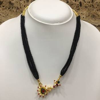 14-Inch Length Chain Golden Nath Pendant Enamal Work Pearls Traditional Black Beads 6 Line Multilayer 1