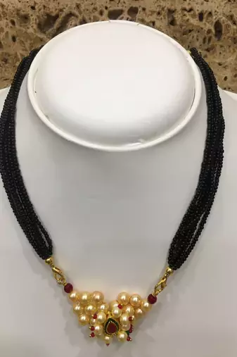 14-Inch Length Chain Golden Nath Pendant Enamal Work Pearls Traditional Black Beads 6 Line Multilayer