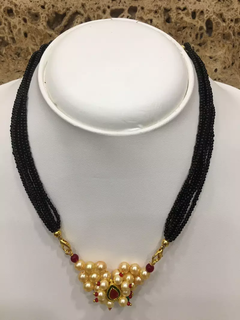 14-Inch Length Chain Golden Nath Pendant Enamal Work Pearls Traditional Black Beads 6 Line Multilayer