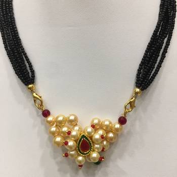 14-Inch Length Chain Golden Nath Pendant Enamal Work Pearls Traditional Black Beads 6 Line Multilayer 2