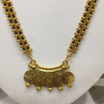 28-Inch Length Chain Golden 5 Laxmi Coin Vati Tanmaniya Pendant Traditional Black & Gold Beads 2