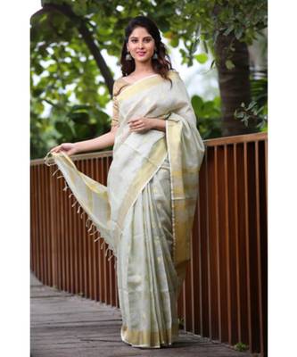 Faded Green Shade Handwoven Linen Saree with Gold Tone Design 1
