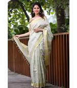Faded Green Shade Handwoven Linen Saree with Gold Tone Design