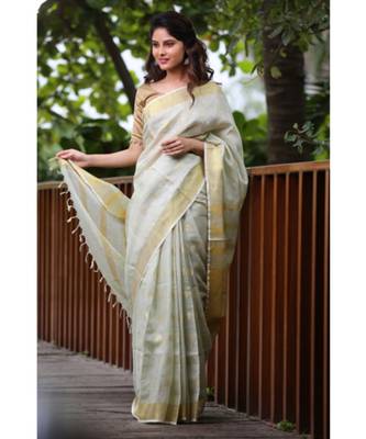 Faded Green Shade Handwoven Linen Saree with Gold Tone Design 2