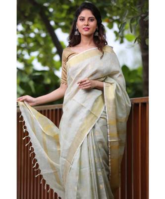 Faded Green Shade Handwoven Linen Saree with Gold Tone Design 3