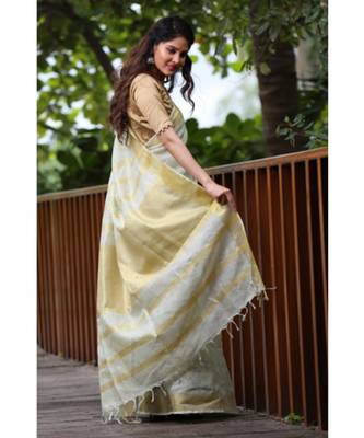 Faded Green Shade Handwoven Linen Saree with Gold Tone Design 5