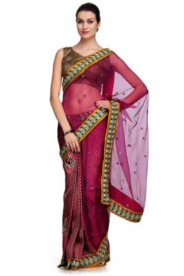 pink embroidered banarasi brocade saree with blouse 1