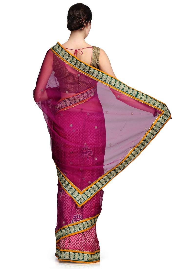 pink embroidered banarasi brocade saree with blouse
