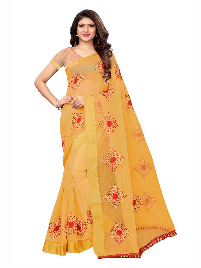 Women's Organza Yellow Embellished Designer Saree With Blouse Piece