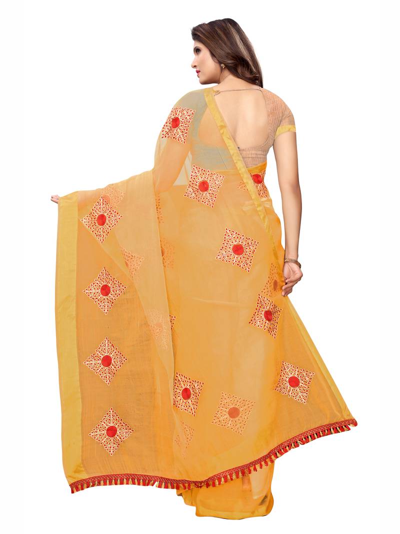 Women's Organza Yellow Printed Designer Saree With Blouse Piece