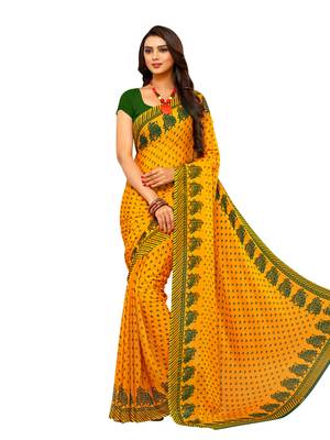Yellow printed chiffon saree with blouse 1